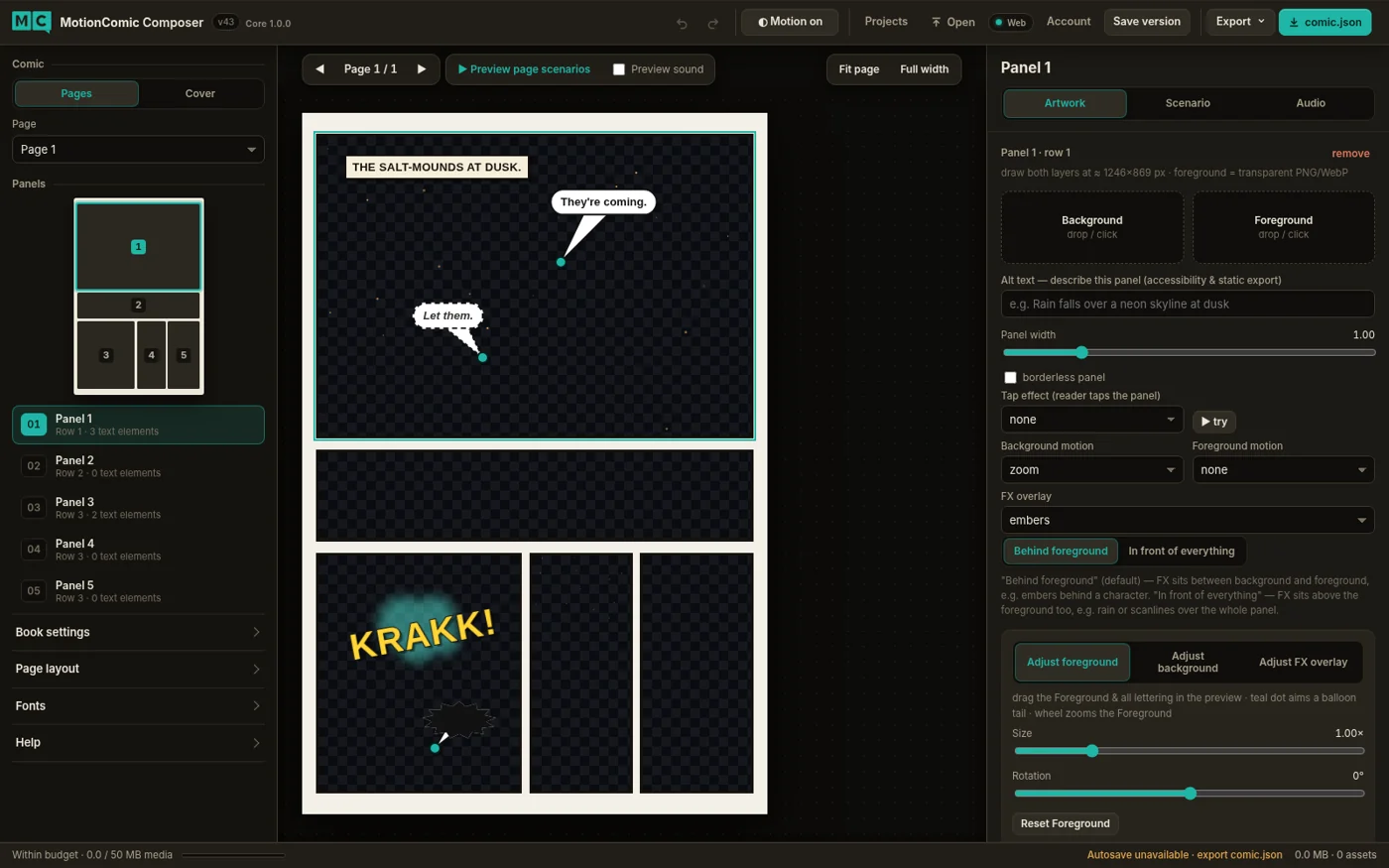Real screenshot of Motion Comic Composer interface